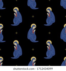 Seamless pattern with silhouettes of praying Virgin Mary. Christian motif.