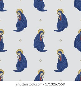 Seamless pattern with silhouettes of praying Virgin Mary. Christian motif.