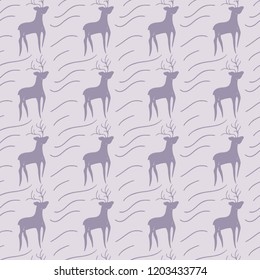 Seamless pattern of silhouettes purple deers on the pink background, vector backgrounds, texture for wallpaper, wrapping, greeting card, print, winter season