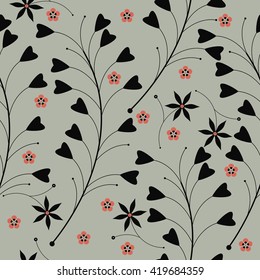Seamless pattern with silhouettes of red flowers and grass can be used for linen, wallpaper, design fabric. Vector template.