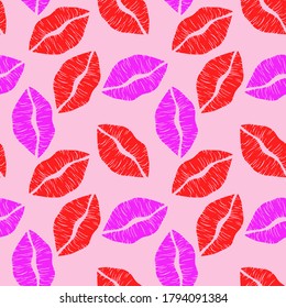seamless pattern, silhouettes of red lips, ornament for wallpaper and fabric, scrapbooking paper, romantic background