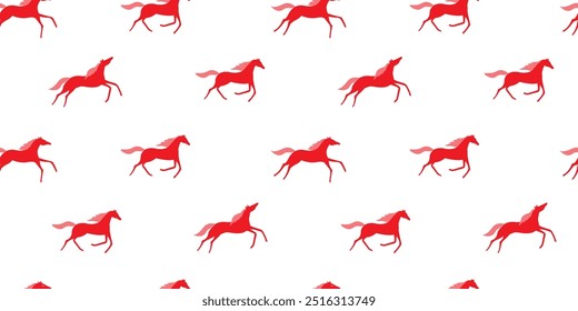 Patrón sin fisuras con siluetas de caballos corriendo rojos sobre un fondo blanco. Estampado animal abstracto simple. Gráficos de Vector.