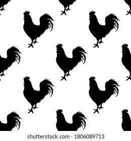 Seamless pattern. Silhouettes of roosters. Decorative background with cocks. Domestic bird. Farm animals series. Vector illustration of poultry. Black and white graphics. Vintage sketch.