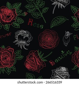 Seamless pattern with silhouettes of roses and leaves on black background, hand drawn graphic illustration