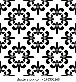 Seamless pattern with silhouettes royal lily flowers in black and white. Gothic monochrome background. Fleur-de-lys. Endless print texture - vector