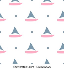 Seamless pattern with silhouettes of sailing ships and polka dot. Marine print. Simple vector illustration.