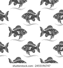 Seamless pattern, silhouettes of sea fish with waves on a white background. Print, textile
