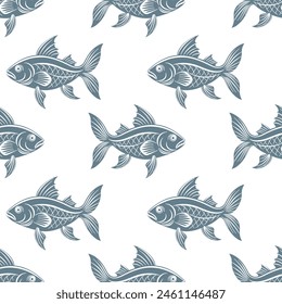Seamless pattern, silhouettes of sea fish with waves on a white background. Print, textile