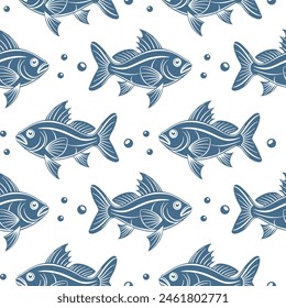 Seamless pattern, silhouettes of sea fish with water bubbles on a white background. Printing, textiles