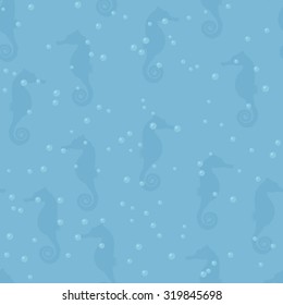Seamless pattern with silhouettes of seahorses and air bubbles in shades of blue.
