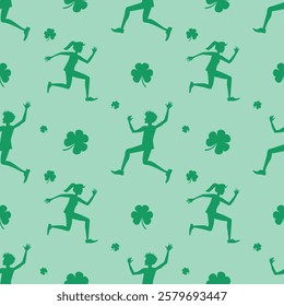 Seamless pattern of silhouettes of shamrocks and happy young people celebrating Saint Patrick's day. 