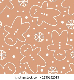 Seamless pattern of silhouettes of smiling gingerbread men with snowflakes and dots. On a brown background. Kawaii style