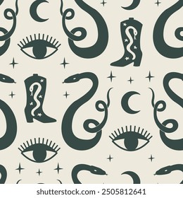 Seamless pattern with silhouettes of snakes, cowboy boots, eyes, moon and stars. Mystical vector flat background