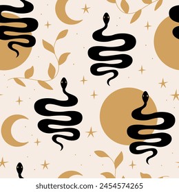 Seamless pattern with silhouettes of snakes, moon and leaves. Vector flat mystical background