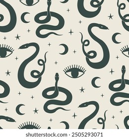 Seamless pattern with silhouettes of snakes and symbols of eye, moon and stars. Mystical vector flat background