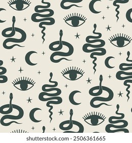 Seamless pattern with silhouettes of snakes and symbols of eye, moon and stars. Mystical vector flat background