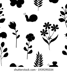 Seamless pattern silhouettes spring flowers insects vector illustration
