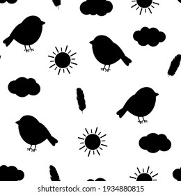 Seamless pattern silhouettes spring vector illustration. Flowers birds feather insects clouds sun