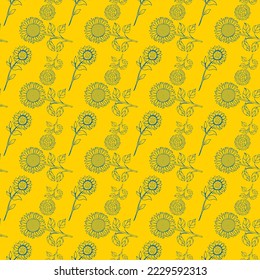 Seamless pattern with silhouettes of sunflowers in Ukrainian flag colors yellow and blue