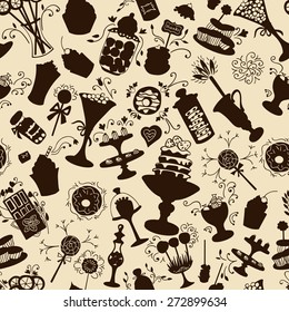 seamless pattern with silhouettes of sweets and pastries