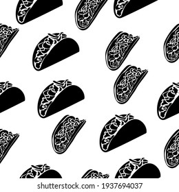Seamless pattern of silhouettes of tacos, delicious traditional food on a white background vector illustration