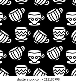 Seamless pattern with silhouettes tea cups, coffee cups in black and white. Repeating print monochrome background texture. Fabric design. Wallpaper - vector 