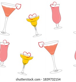 Seamless pattern of silhouettes of three cocktails in glasses of different shapes with a romantic heart. Vector illustration.