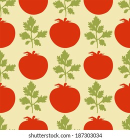 Seamless pattern with silhouettes tomato and leafs - vector 
