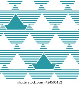 Seamless pattern with silhouettes of toy boat and stripes that represent the sea.