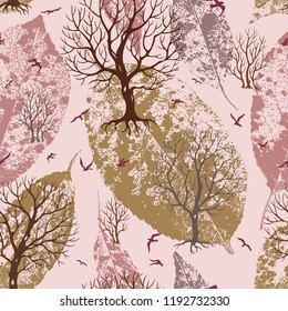 Seamless pattern from silhouettes of trees and birds on a background of leaves in warm tones. Prints for fabrics, backgrounds in a trendy color combination.