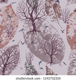 Seamless pattern from silhouettes of trees and birds on a background of leaves in brown-gray tones. Prints for fabrics, backgrounds in a trendy color combination.