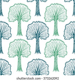 Seamless pattern with silhouettes of trees, vector hand drawn trees. Can be used for wallpaper, pattern fills, web page background, surface textures