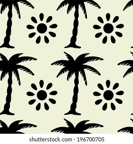 Seamless pattern with silhouettes tropical coconut palm trees and sun. 