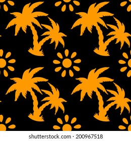 Seamless pattern with silhouettes tropical coconut palm trees and the sun in black and orange. Abstract floral summer background. Endless print texture. Fabric design. Wallpaper - vector 