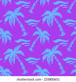 Seamless pattern with silhouettes tropical coconut palm trees and waves. Natural print texture. Repeating background. Cloth design. Wallpaper