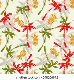 Seamless pattern with silhouettes tropical coconut palm trees, fruits pineapples. Rain forest. Summer repeating background. Natural print texture. Cloth design. Wallpaper, wrapping