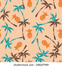 Seamless pattern with silhouettes tropical coconut palm trees, fruits pineapples. Rain forest. Summer repeating background. Natural print texture. Cloth design. Wallpaper, wrapping