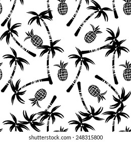 Seamless pattern with silhouettes tropical coconut palm trees, fruits pineapples in black and white. Rain forest. Summer repeating background. Natural print texture. Cloth design. Wallpaper, wrapping