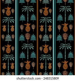Seamless pattern with silhouettes tropical coconut palm trees, fruits pineapples, leaves. Summer colorful repeating background. Natural print texture. Cloth design. Wallpaper, wrapping
