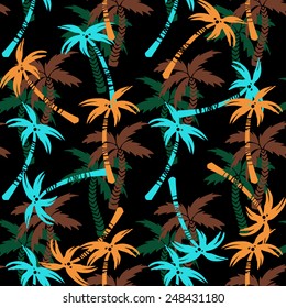 Seamless pattern with silhouettes tropical coconut palm trees. Rain forest. Summer repeating background. Natural print texture. Cloth design. Wallpaper, wrapping