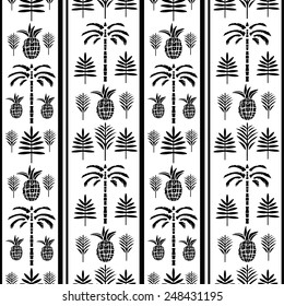 Seamless pattern with silhouettes tropical coconut palm trees, fruits pineapples, leaves in black and white. Summer repeating background. Natural print texture. Cloth design. Wallpaper, wrapping