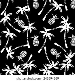 Seamless pattern with silhouettes tropical coconut palm trees, fruits pineapples in black and white. Rain forest. Summer repeating background. Natural print texture. Cloth design. Wallpaper, wrapping