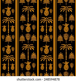 Seamless pattern with silhouettes tropical coconut palm trees, fruits pineapples, leaves in black and gold. Summer repeating background. Natural print texture. Cloth design. Wallpaper, wrapping