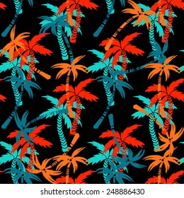 Seamless pattern with silhouettes tropical coconut palm trees. Summer bright repeating background. Natural print texture. Cloth design. Wallpaper, wrapping