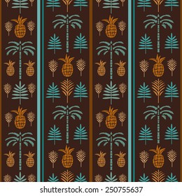 Seamless pattern with silhouettes tropical coconut palm trees, fruits pineapples, leaves. Summer repeating background. Natural print texture. Cloth design. Wallpaper, wrapping