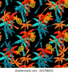 Seamless pattern with silhouettes tropical coconut palm trees, fruits pineapples. Summer bright repeating background. Natural print texture. Cloth design. Wallpaper, wrapping