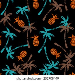 Seamless pattern with silhouettes tropical coconut palm trees, fruits pineapples. Rain forest. Summer colorful repeating background. Natural print texture. Cloth design. Wallpaper, wrapping
