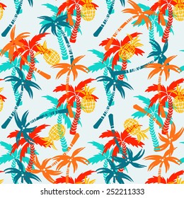 Seamless pattern with silhouettes tropical coconut palm trees, fruits pineapples. Summer colorful repeating background. Natural print texture. Cloth design. Wallpaper, wrapping