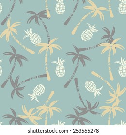 Seamless pattern with silhouettes tropical coconut palm trees, fruits pineapples, leaves. Summer repeating background. Natural print texture. Cloth design. Wallpaper, wrapping