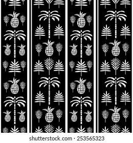 Seamless pattern with silhouettes tropical coconut palm trees, fruits pineapples, leaves in black and white. Summer repeating background. Natural print texture. Cloth design. Wallpaper, wrapping